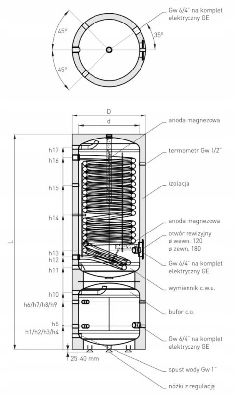 Zbiornik Kombinowany do Pomp Ciepła 250/110L Wężownica 2,9m² Izolacja PUR Zbiornik Kombinowany do Pomp Ciepła 250/110L Wężownica 2,9m² Izolacja PUR