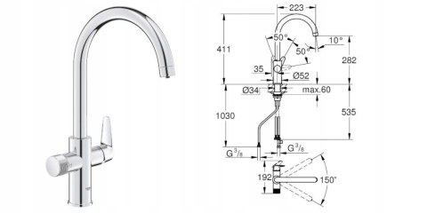 Bateria kuchenna stojąca Grohe BLUE PURE BAUCURVE srebrna, 30580000 Bateria kuchenna stojąca Grohe BLUE PURE BAUCURVE srebrna, 30580000