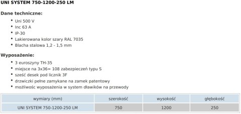 Rozdzielnica licznikowa UNI SYSTEM 750-1200-250 LM Rozdzielnica licznikowa UNI SYSTEM 750-1200-250 LM